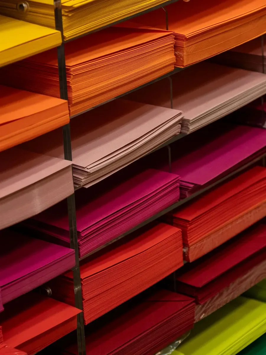 Coloured paper stacked on the shelves (sample photo)